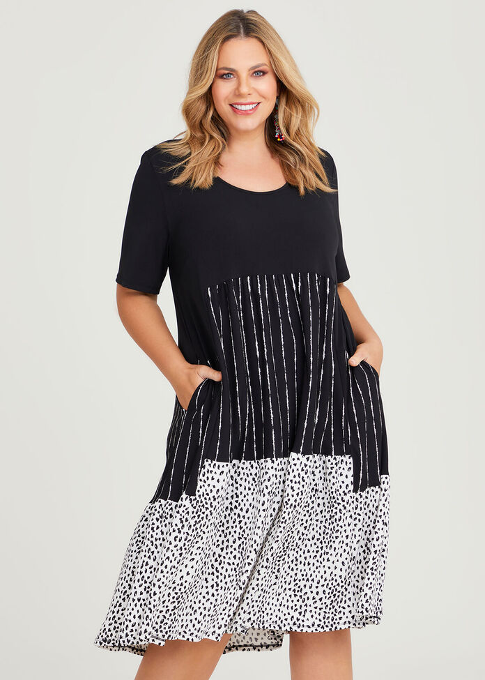 Shop Plus Size Spot & Stripe Tier Dress in Black | Taking Shape AU