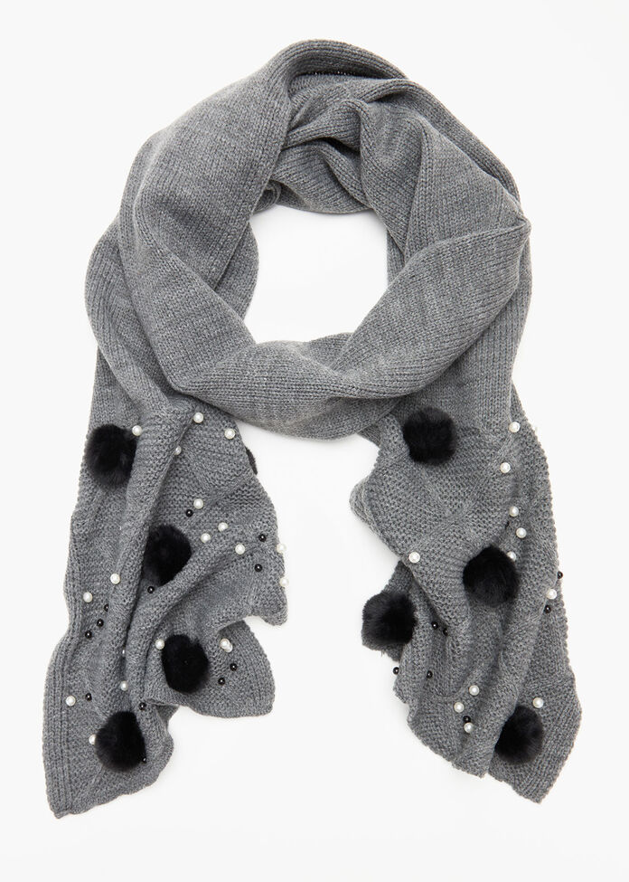 Grey Pom Pom Scarf, , hi-res