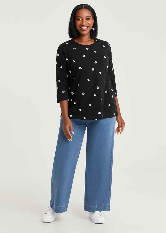 Cotton Embroidery Daisy T-shirt, , hi-res