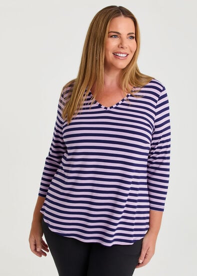 Plus Size Natural Stripe 3/4 Sleeve T-shirt