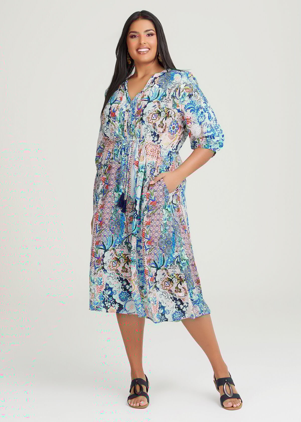 Shop Plus Size Natural Oasis Tie Waist Dress in Multi Taking Shape AU