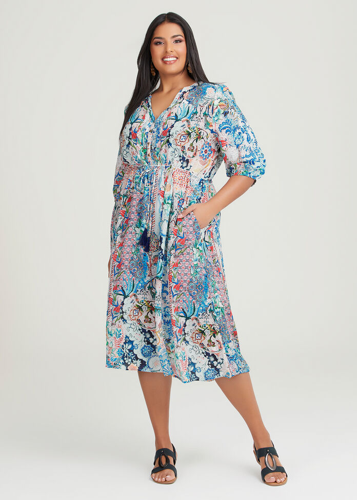 Shop Plus Size Natural Oasis Tie Waist Dress in Multi | Sizes 12-30 ...
