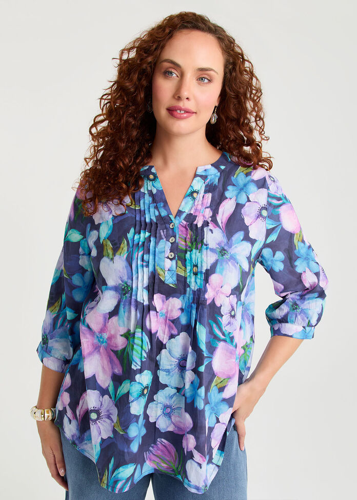 Cotton Painted Floral Top, , hi-res