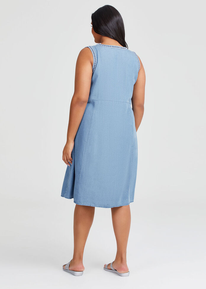 Chambray Tie-Neck Pleated Sleeveless Dress