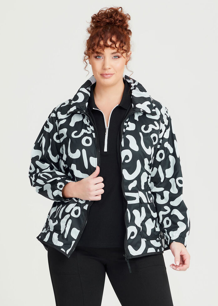 Shop Plus Size Active Abstract Print Rain Jacket in Black | Taking Shape AU