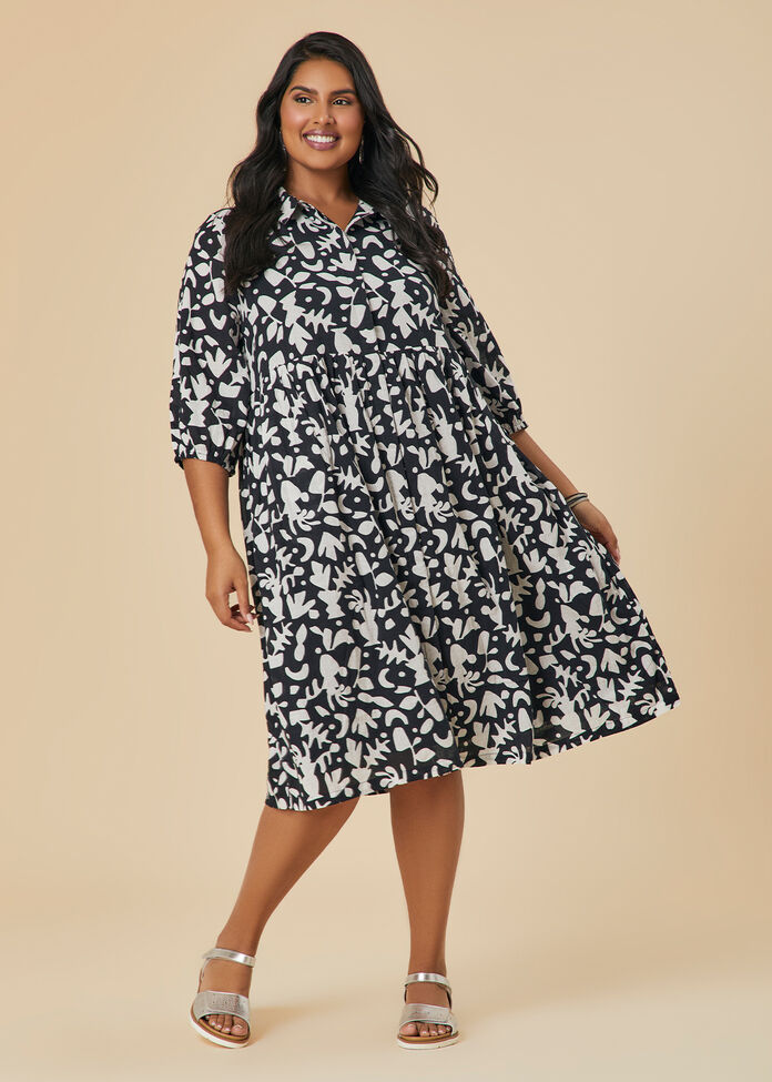 Cotton Collared Printed Dress, , hi-res