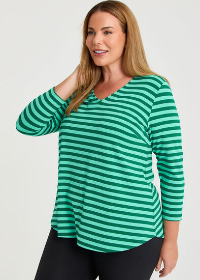 Plus Size Natural Stripe 3/4 Sleeve T-shirt