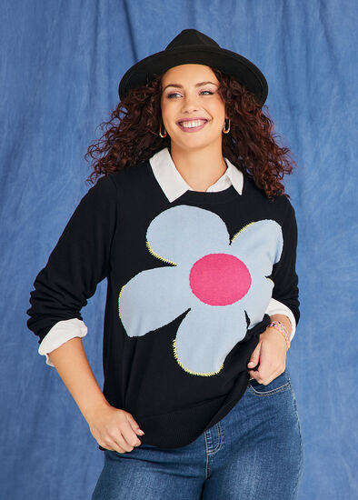 Plus Size Cotton Crew Neck Flower Jumper