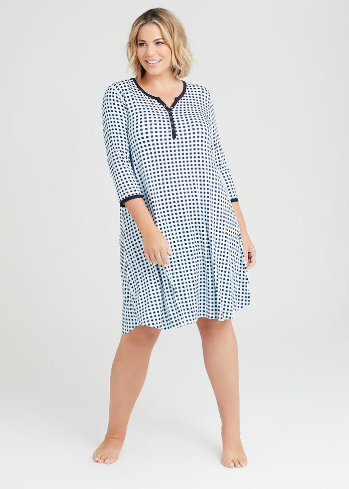 Bamboo Gingham Henley Nightie, , hi-res