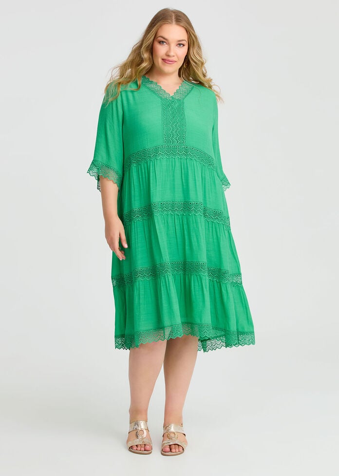 Lace Trim Tiered V-neck Dress, ELECTRIC GREEN, hi-res
