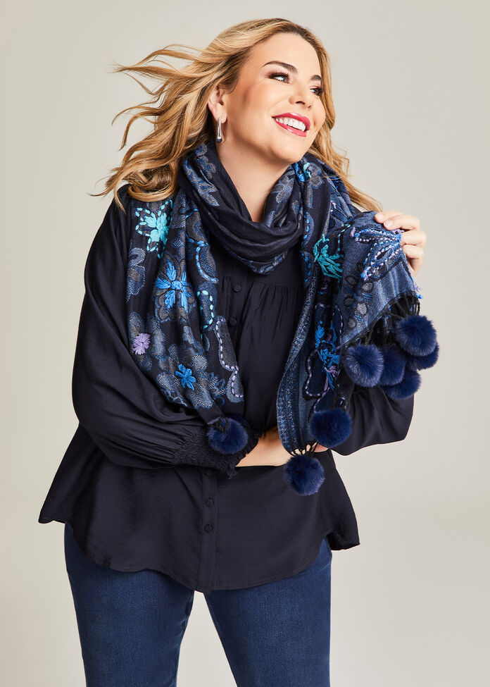 Embroidered Blue Scarf, , hi-res