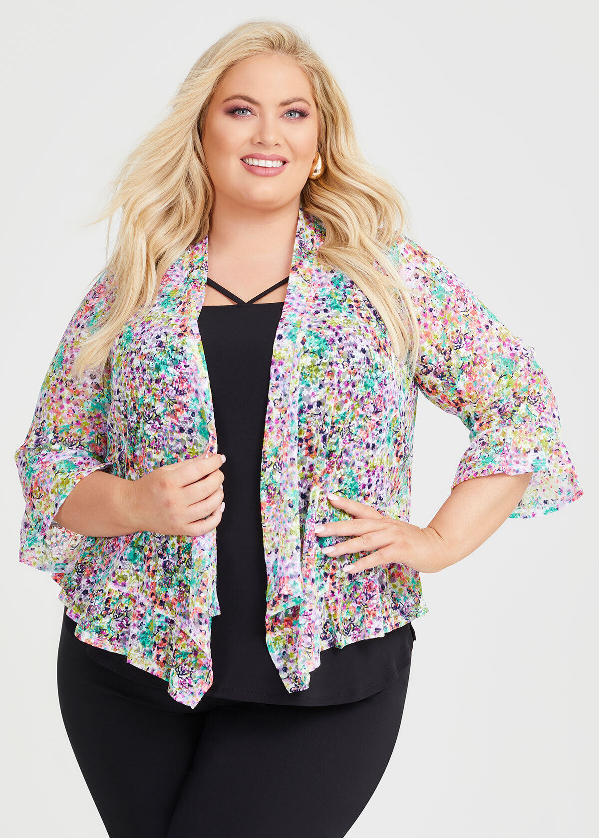 Shop Plus Size Ditsy Mesh Ruffle Hem Cardigan in Multi Taking Shape AU