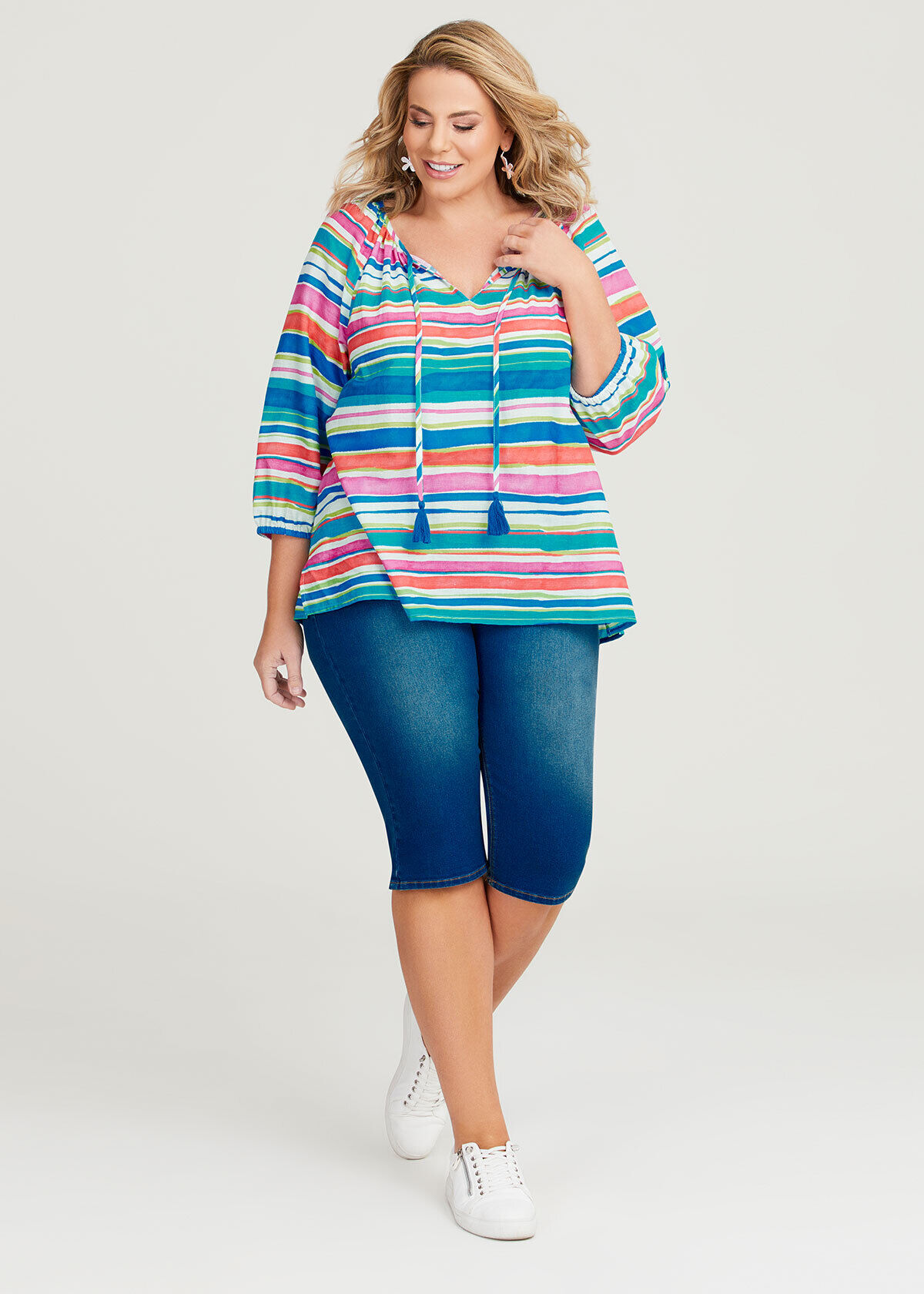 Shop Plus Size Cotton Summer Stripe Peasant Top in Multi Taking Shape AU