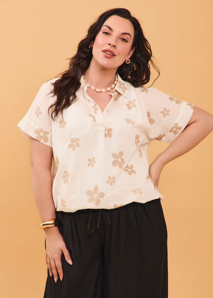Cotton Foil Flower Print Top, , hi-res