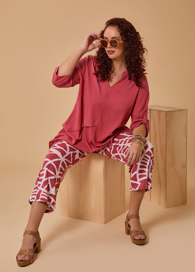 Plus Size Button Hem Natural Print Pant