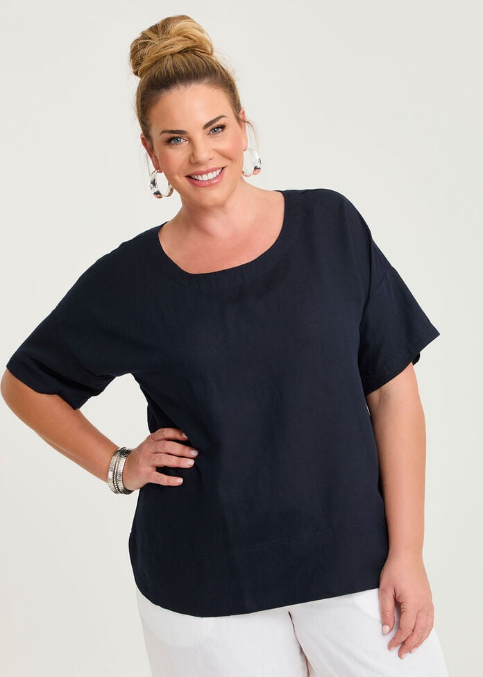 Linen Blend Curved Hem Top, , hi-res