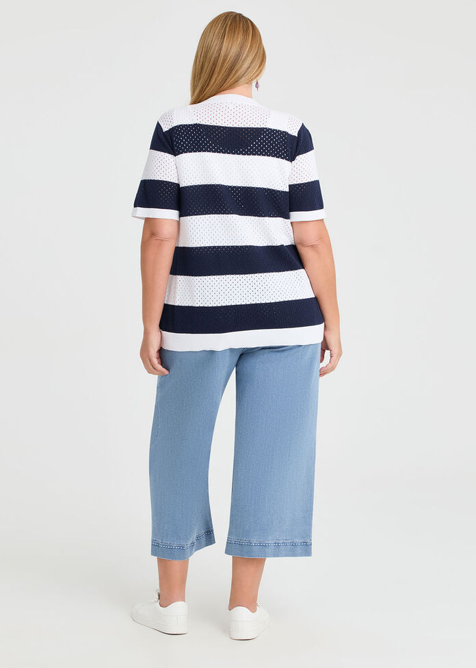 Cotton Button Up Knit Cardigan, WHITE/NAVY, hi-res