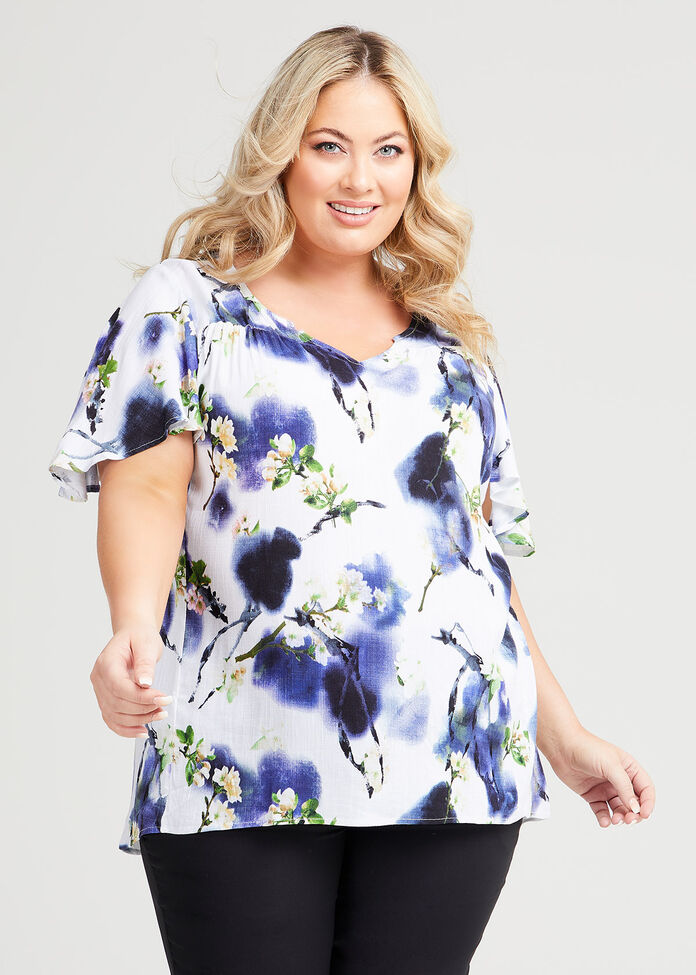 Shop Plus Size Floral Flutter Sleeve Top in Blue | Taking Shape AU