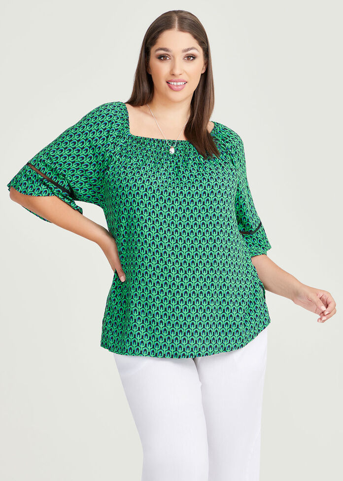 Shop Plus Size Mini Geo Natural Shirred Top in Green | Sizes 12-30 ...