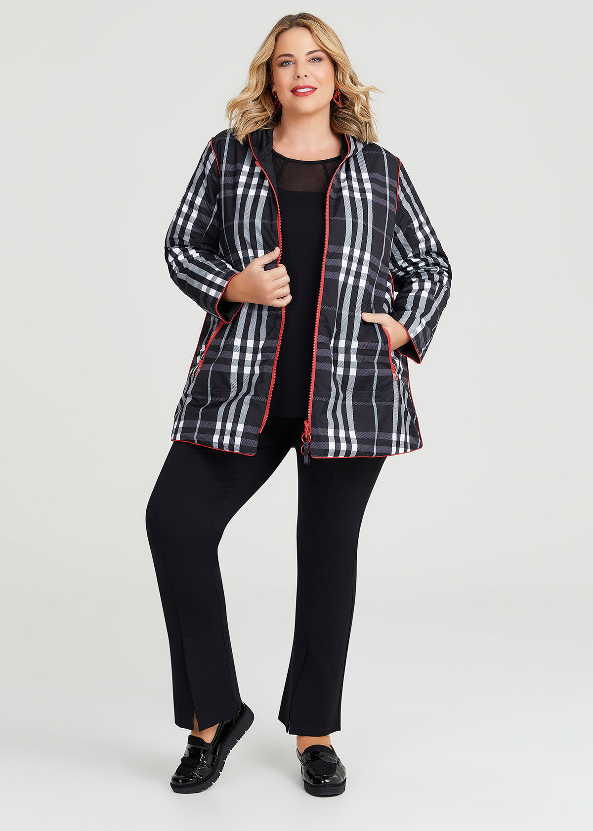 Plus size checked coat best sale