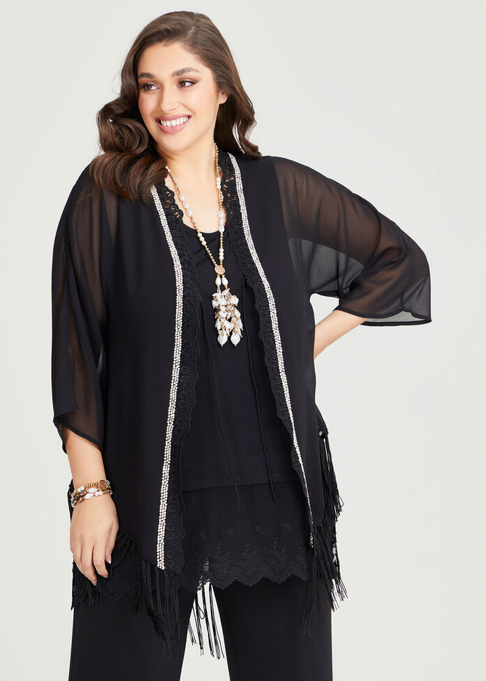 Shop Plus Size Sequin Embroidery Fringe Kimono in Black | Taking Shape AU