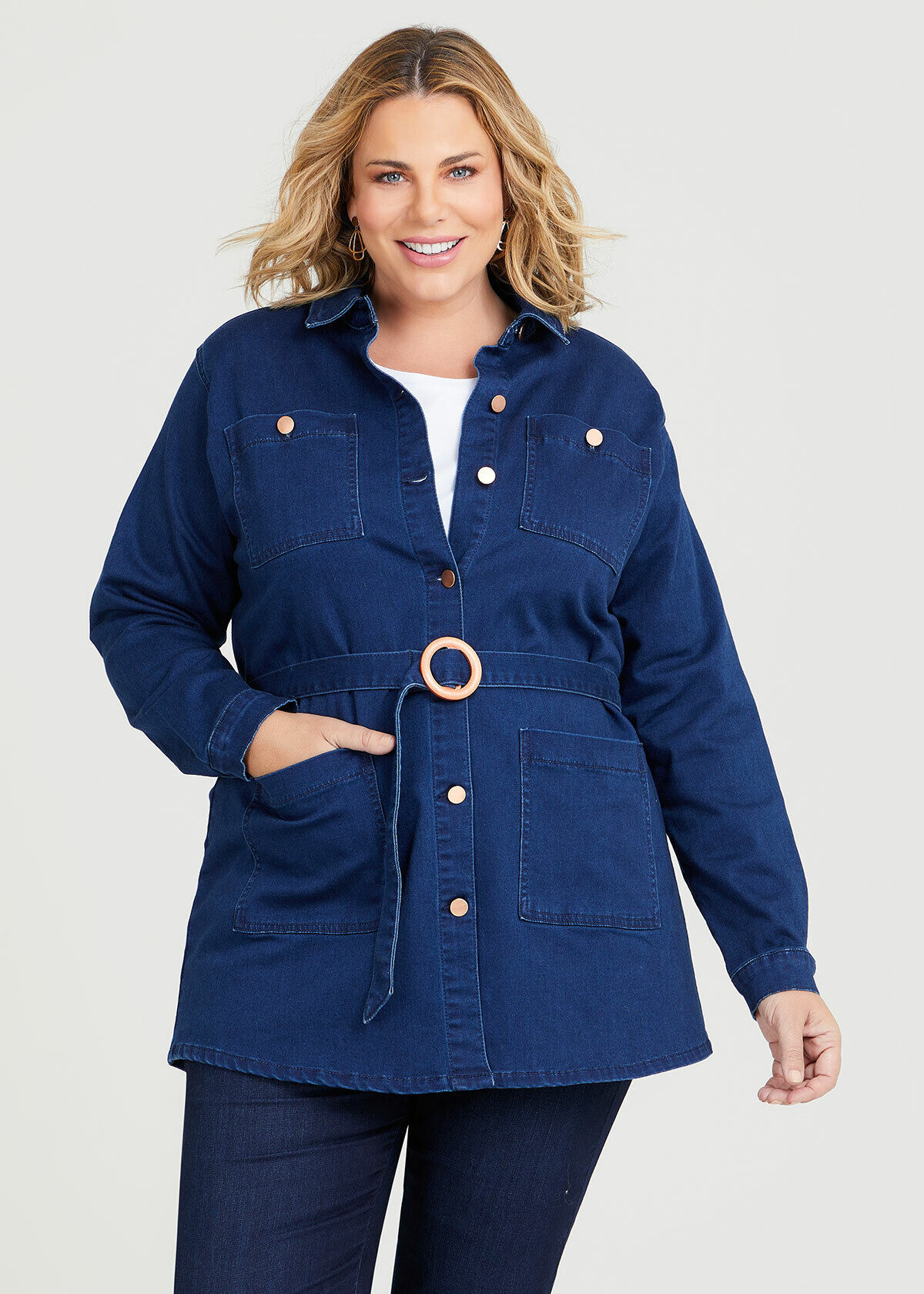 Shop Plus Size Denim Long Line Jacket in Blue Taking Shape AU