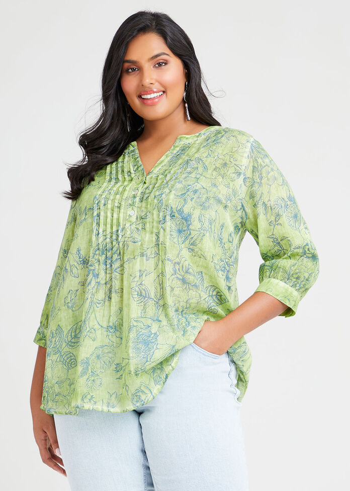 Cotton Sketched Floral Top, , hi-res