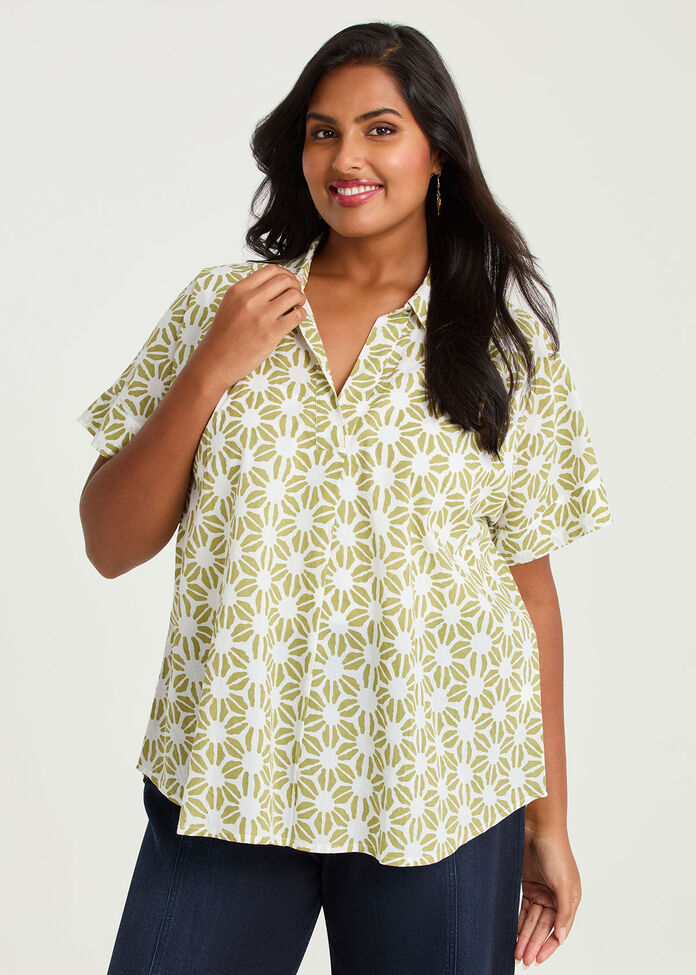 Cotton Geometric Floral Top, , hi-res