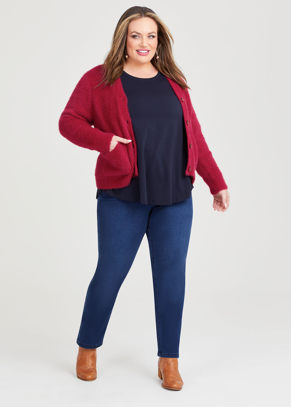 Shop Plus Size Fluffy Knit Short Cardigan in Red Sizes 12 30 Taking Shape CY