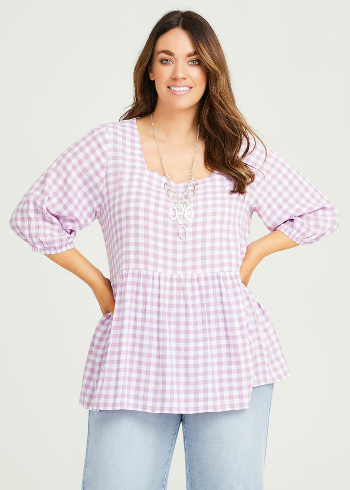 Natural Gingham Square Neck Top, , hi-res