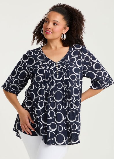 Plus Size Cotton Elbow Sleeve Pintuck Top
