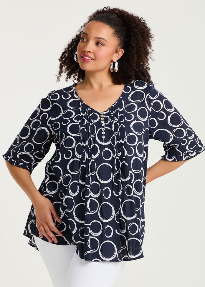 Cotton Elbow Sleeve Pintuck Top, , hi-res