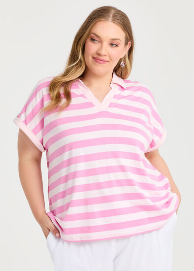 Plus Size Cotton Stripe Polo Top