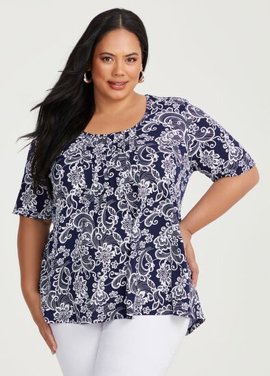 Plus Size Printed Pintuck Top