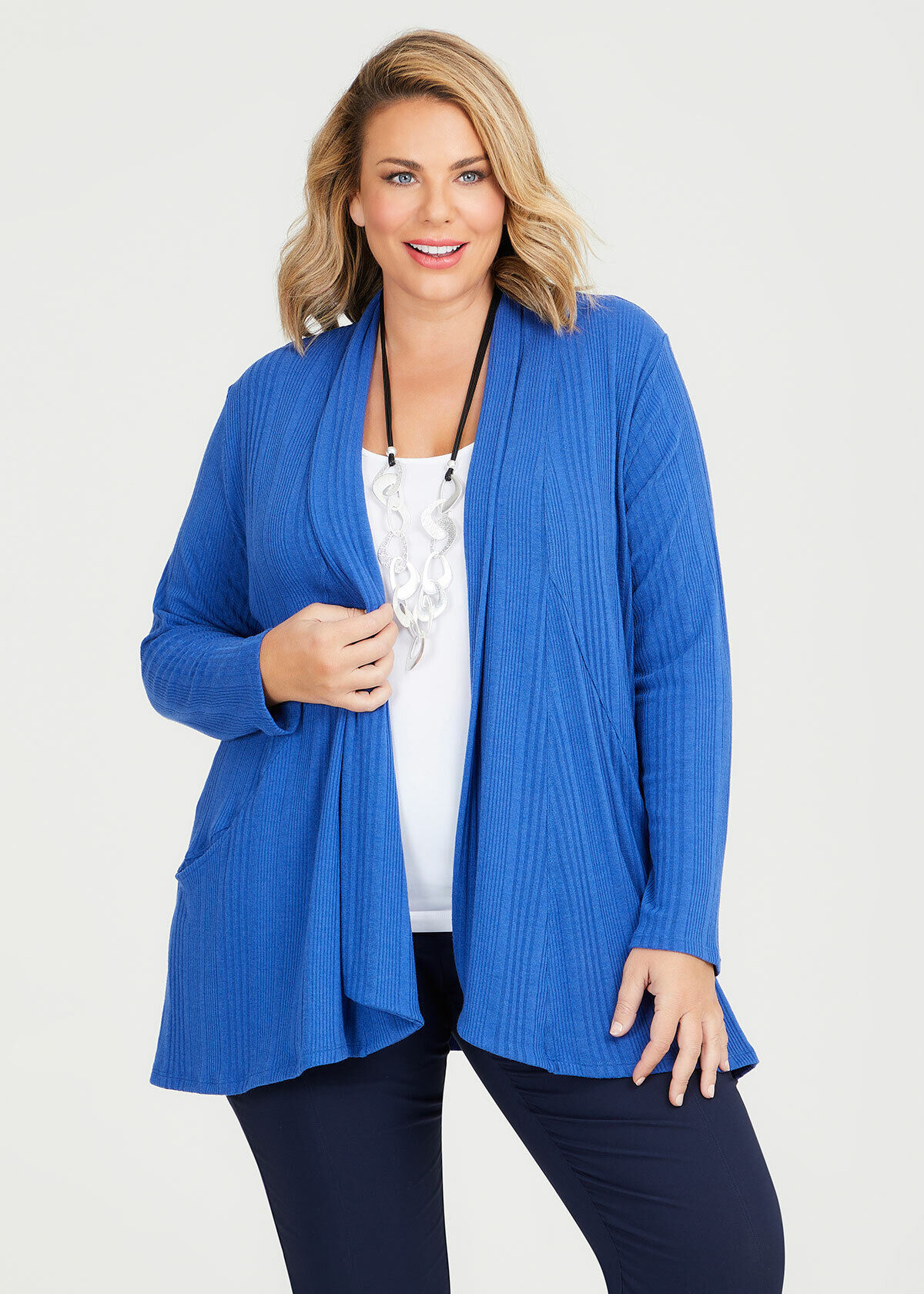 Shop Plus Size Racheal Ribbed Cardigan in Blue Sizes 12 30