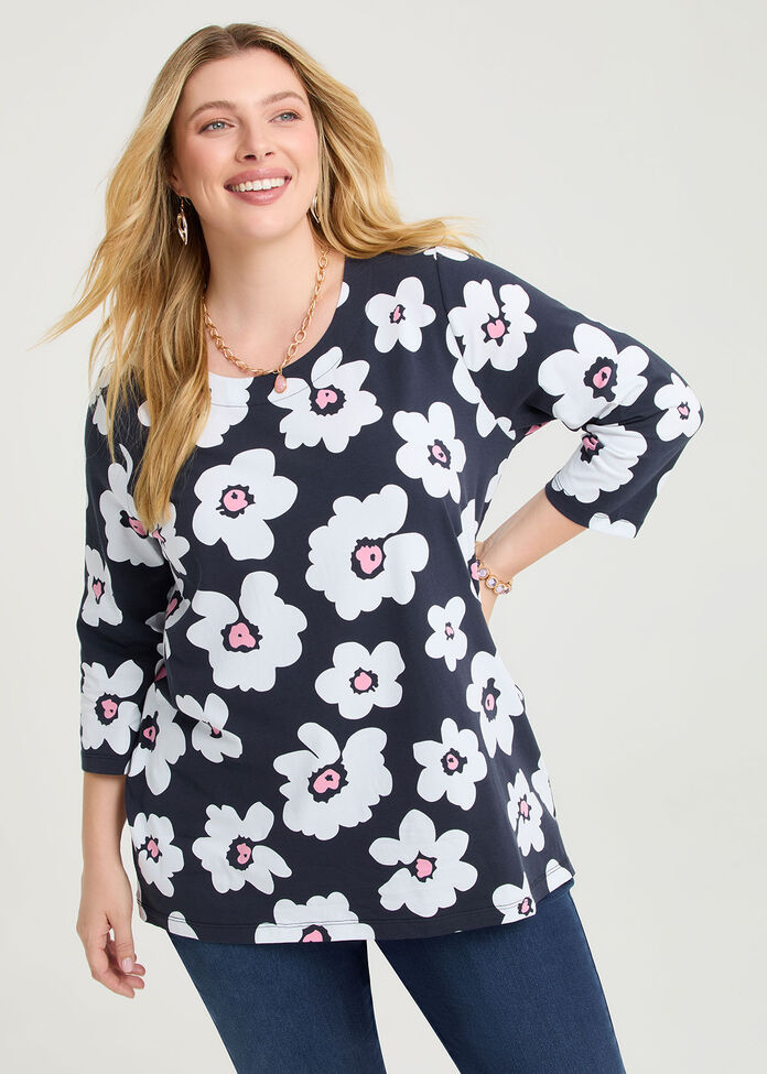 Cotton Fun Flower 3/4 Top, , hi-res