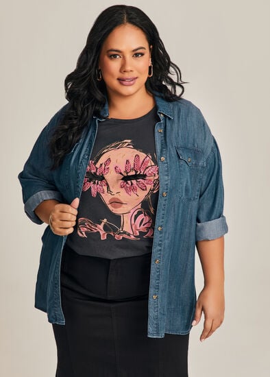 Plus Size Cotton Embellished Face T-shirt