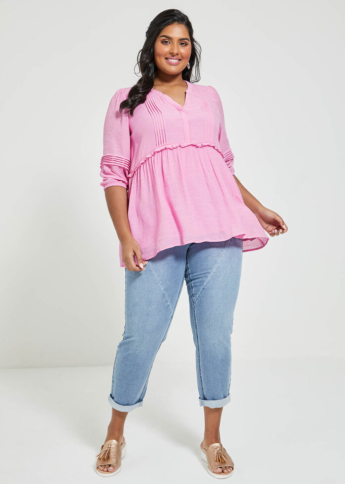 Natural 3/4 Sleeve Pintuck Top, , hi-res