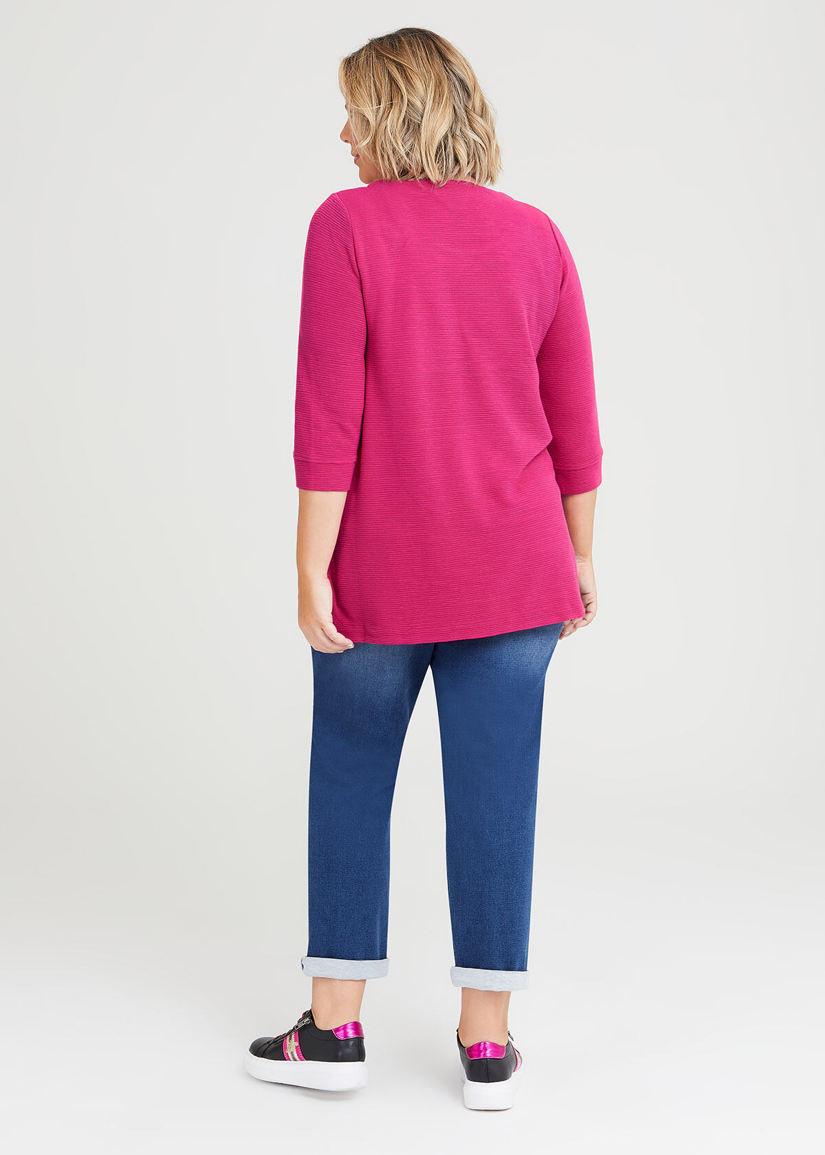 Shop Plus Size Textured Rib Crew Neck Top in Pink | Taking