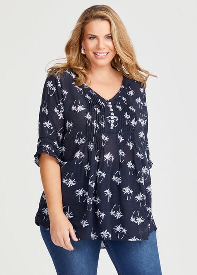 Plus Size Cotton Palm Trees Pintuck Top