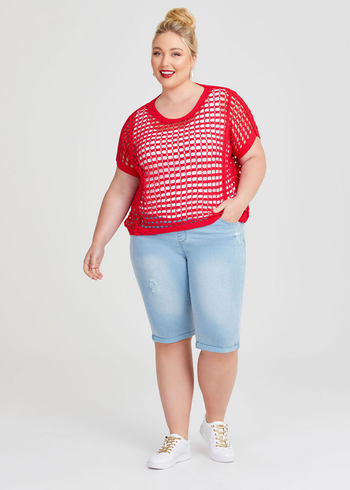 Cotton Open Knit Crochet Top, , hi-res