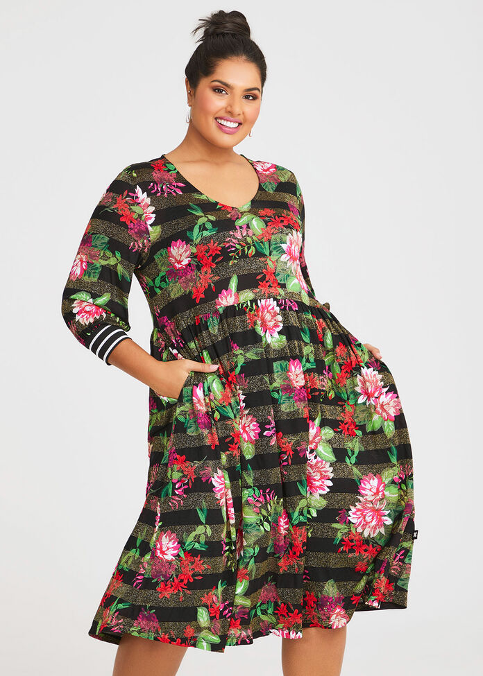 Shop Plus Size Natural Floral Stripe Adorn Dress in Multi | Taking Shape AU