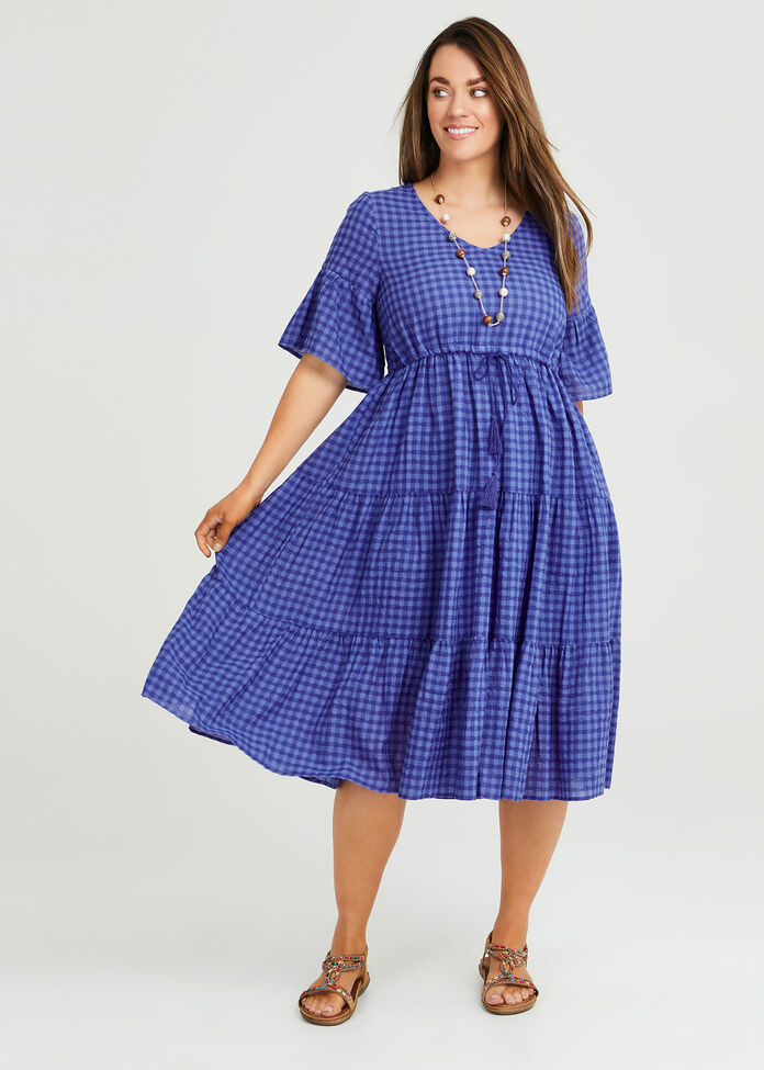Cotton Gingham Tiered Dress, , hi-res