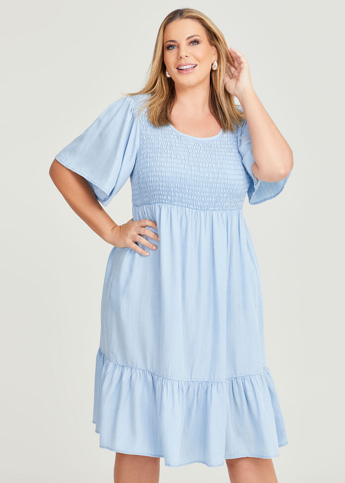 Shop Plus Size Natural Chambray Shirred Dress in Blue | Taking Shape AU