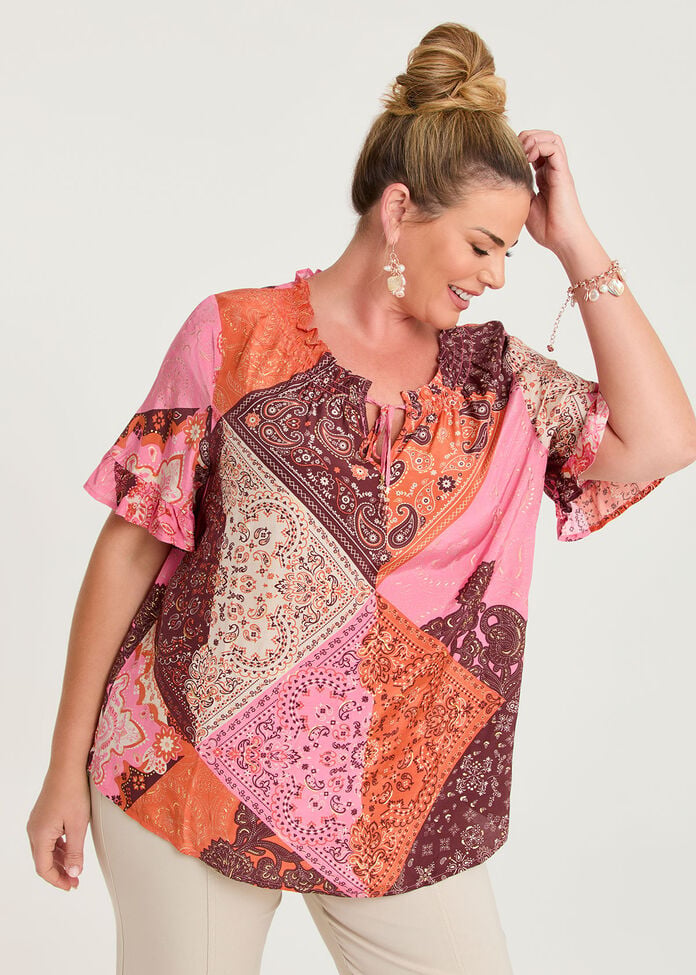 Patchwork Boho Natural Top, , hi-res