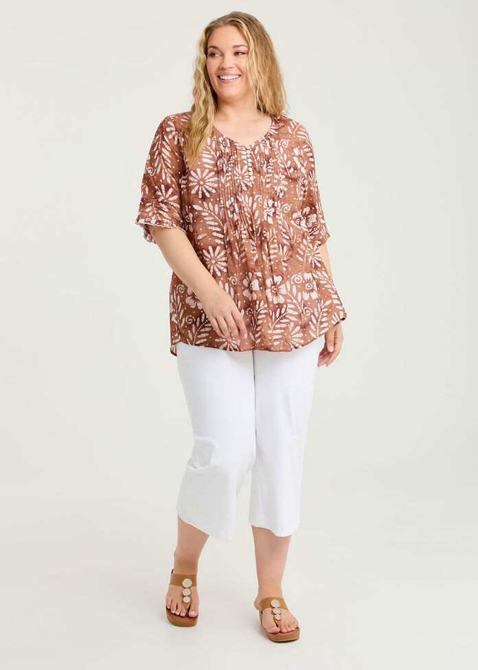 Cotton Elbow Sleeve Pintuck Top, , hi-res