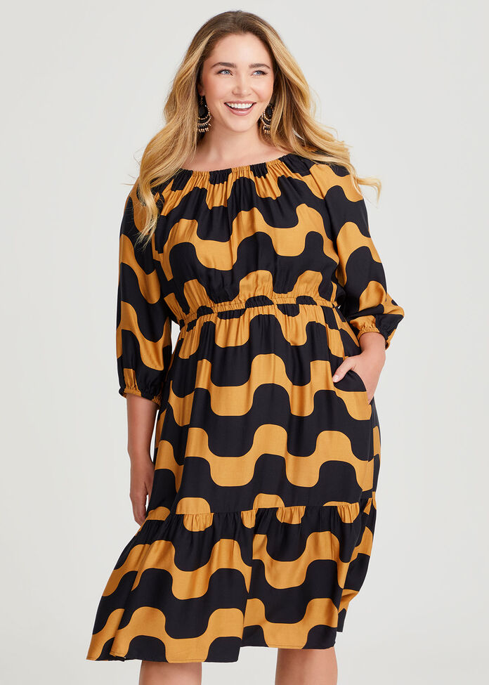 Natural Abstract Waves Dress, BLACK/CARAMEL, hi-res