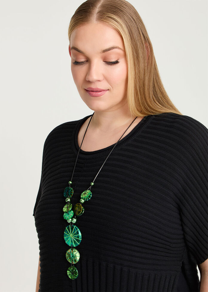 Metallic Foil Long Disc Necklace, , hi-res