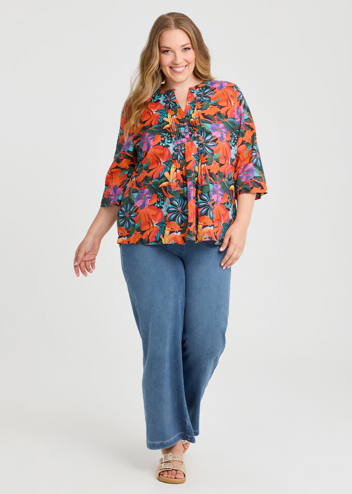 Cotton Summer Flora Pintuck Top, , hi-res