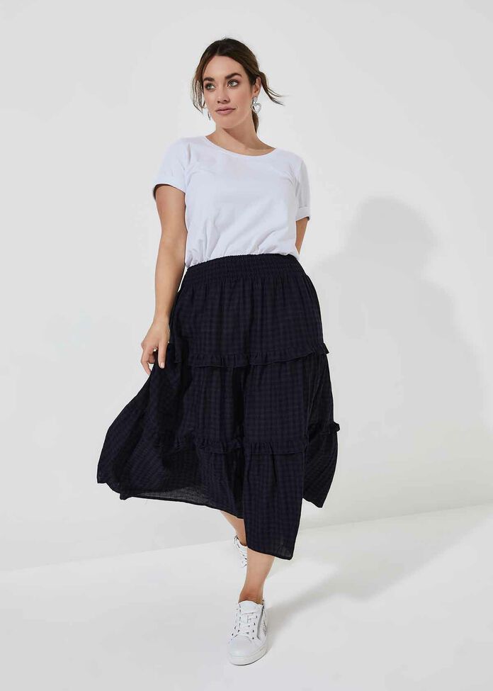 Cotton Gingham Tiered Skirt, , hi-res